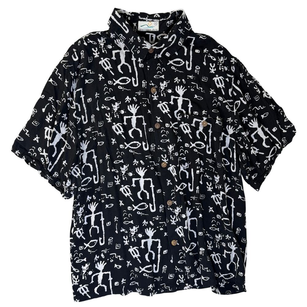 Vtg 90s All Over Print Petroglyph Rayon Button Up Shirt XL Black Primitive Art